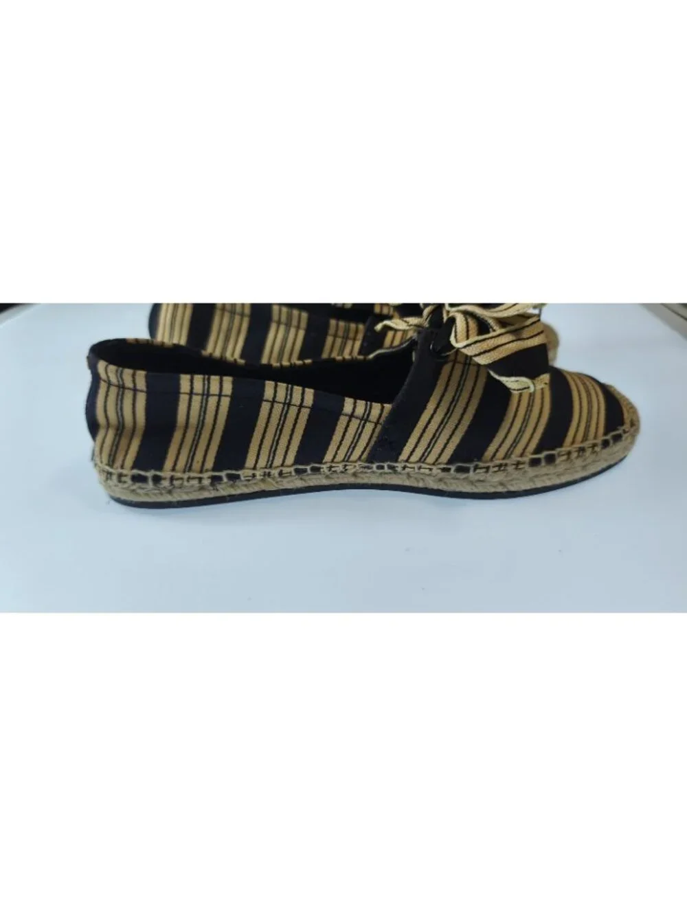 Tory Burch Canvas Lace Up Flat Espadrille Navy Latte Stripe Jute Womens Size 6